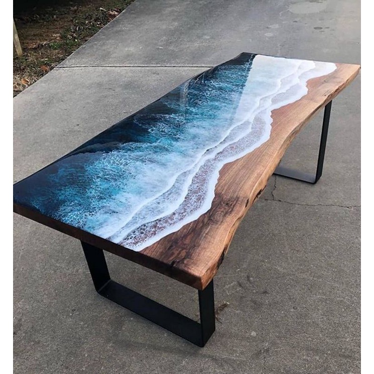MEJA MAKAN UNIK MEJA MAKAN ANTIK MEJA RESIN MOTIF OMBAK  JATI JEPARA