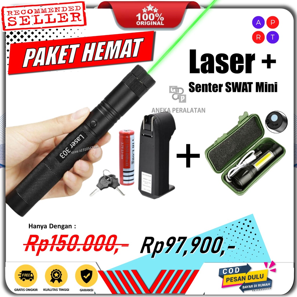 PAKET HEMAT Green Laser Pointer Vansear V-303 Laser Hijau Jarak Jauh Laser Pointer Laser Presentasi Original + Senter Mini SWAT