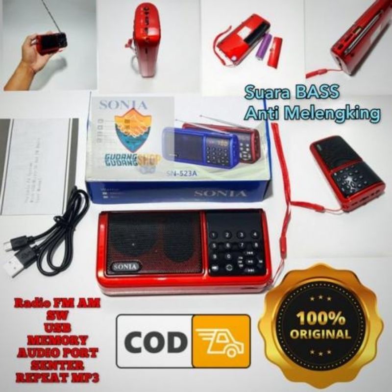 Radio SONIA SN - 523A Radio AM FM MP3 Bisa Flasdisk MicroSD Recharger batre Buat dengar Rodja