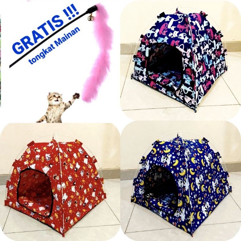 TENDA MOTIF CANTIK kitten Kucing anjing gratis Alas Kasur n mainan pet kandang tent portable praktis lipat nyaman murah