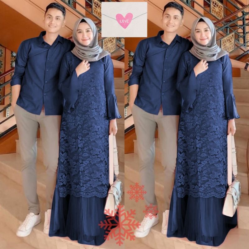 Baju Gamis Dress Brukat Brokat Pesta Kondangan Muslim PELNO Couple S M L XL XXL JUMBO Warna BIRU NAVI NAVY NEVI TUA BLUE