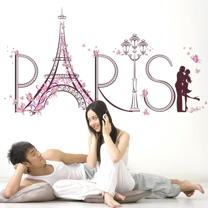 RELIZA WALL STICKER TOWER PARIS EIFFEL ROMANTIS PINK COUPLE KISS STIKER DINDING SK9007