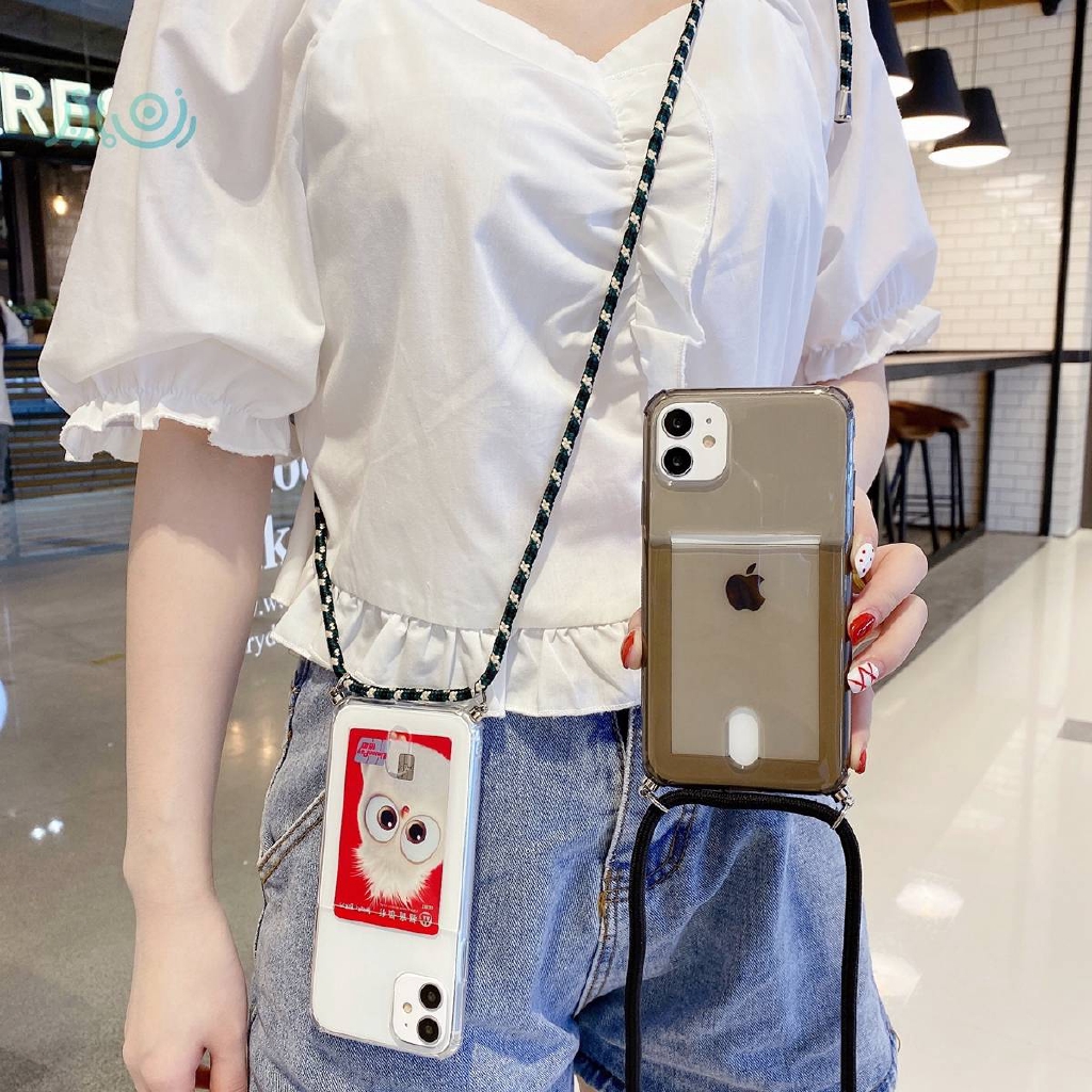 Soft Case Bahan Tpu Transparan Dengan Slot Kartu Kredit Dan Lanyard Untuk Iphone 11 Pro Max 7+8 6s Plus X Xr Xs Max