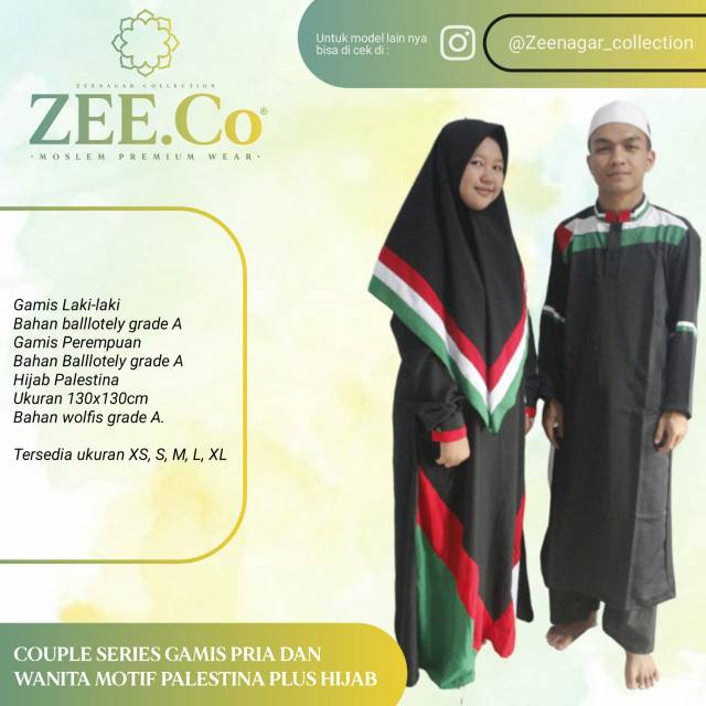 Couple series... Gamis pria dan wanita motif Palestina plus hijab