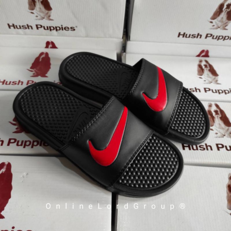 Sendal Pria Murah, Sandal slop nike Benassi Swoosh Black-red, Sandal nike Benassi slides