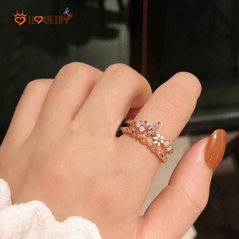 Cincin Model Terbuka Lapis Ganda Bahan Zirkon Warna Rose Gold Dapat Disesuaikan Gaya Vintage Korea Untuk Wanita