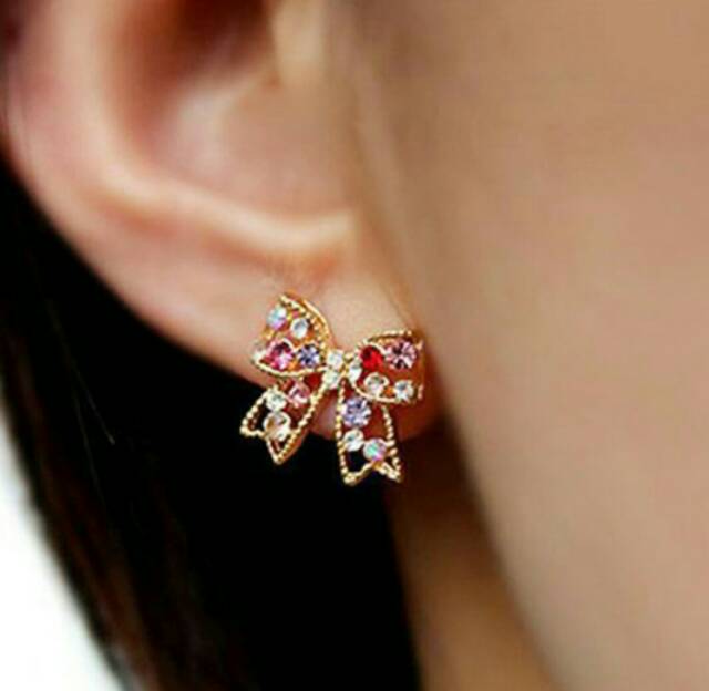 Anting fashion wanita berlian imitasi pita sytle imut warna warni mengkilap