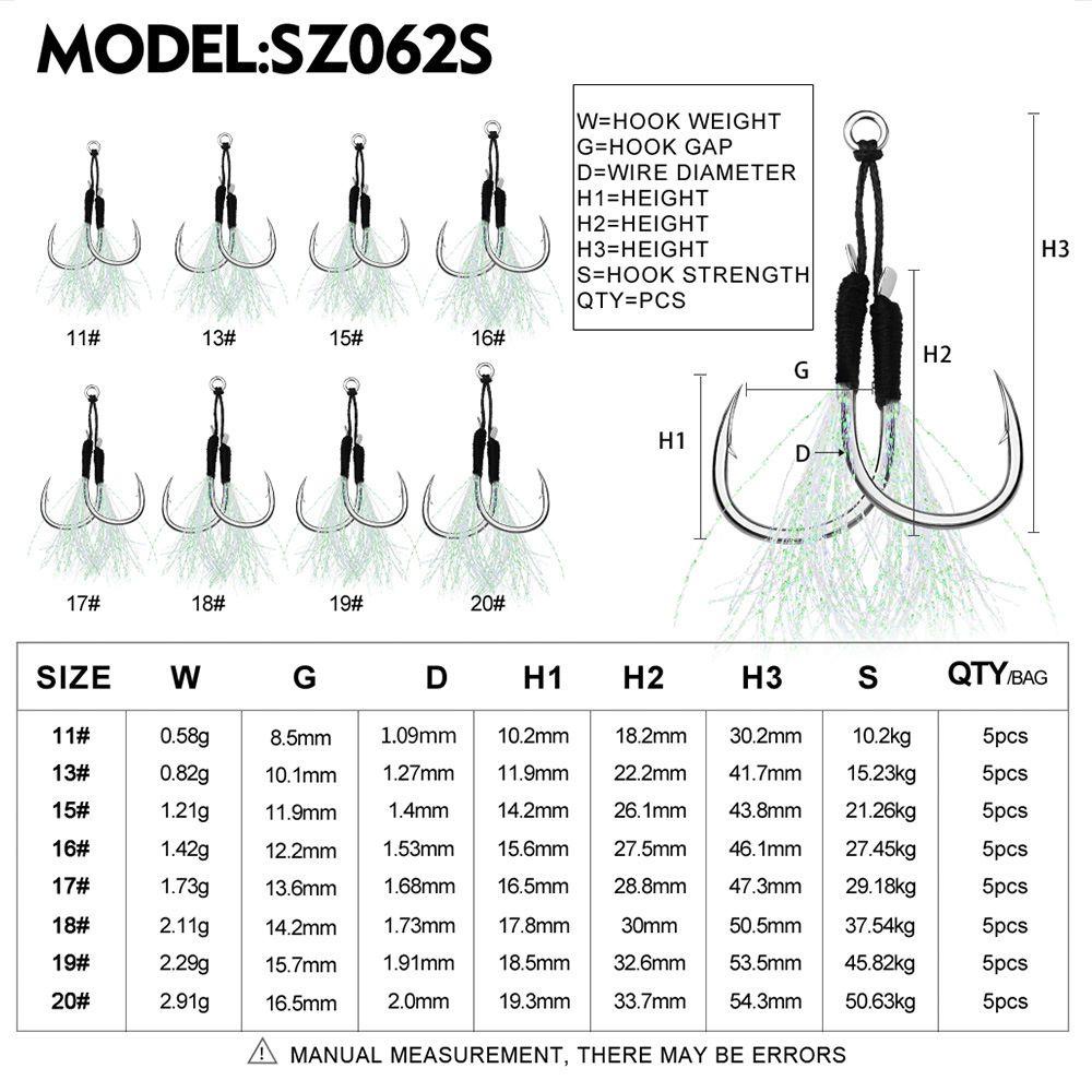 TOP 5pasang /Pack Kait Bantu Pancing 11-13-15-16-17-18-19-20# Fish Tackle With Glow Pengait Jigging Bulu