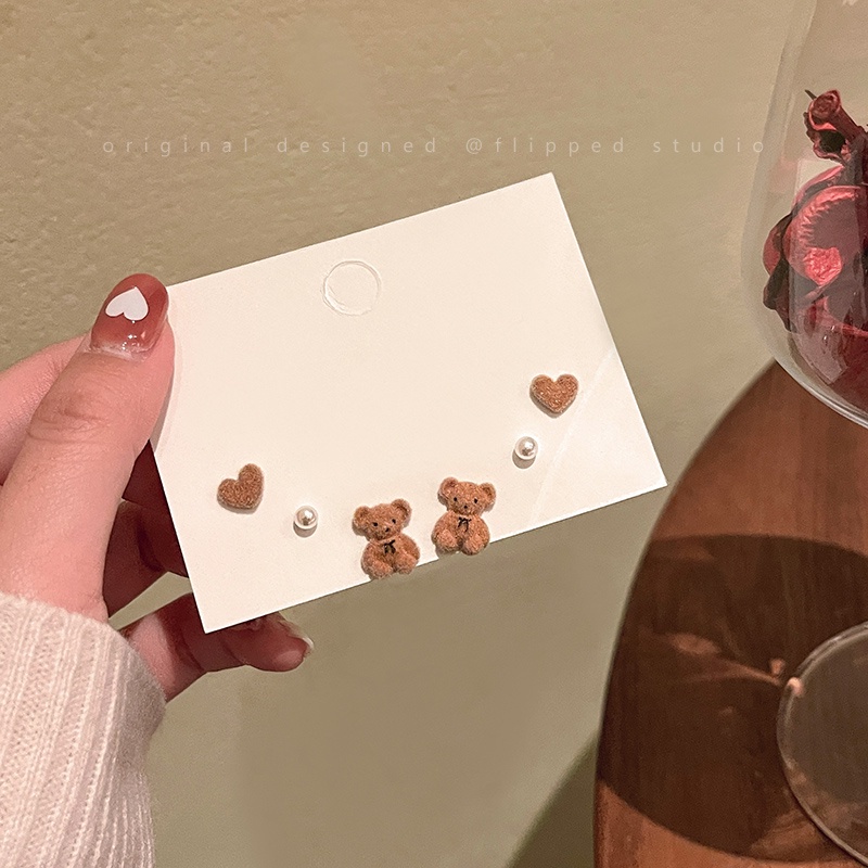 AY(CN) 3 Pasang / Set Anting Stud Mutiara Bentuk Beruang Kelinci Hati Pita Untuk Aksesoris Perhiasan Wanita