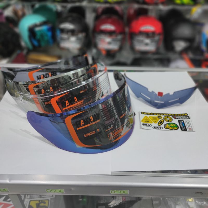 Paket flat visor NHK Rx9/GM Race pro  iridium + spoiler + top / post + sticker husus kaca + spoiler helm NHK Rx9 GM Race pro