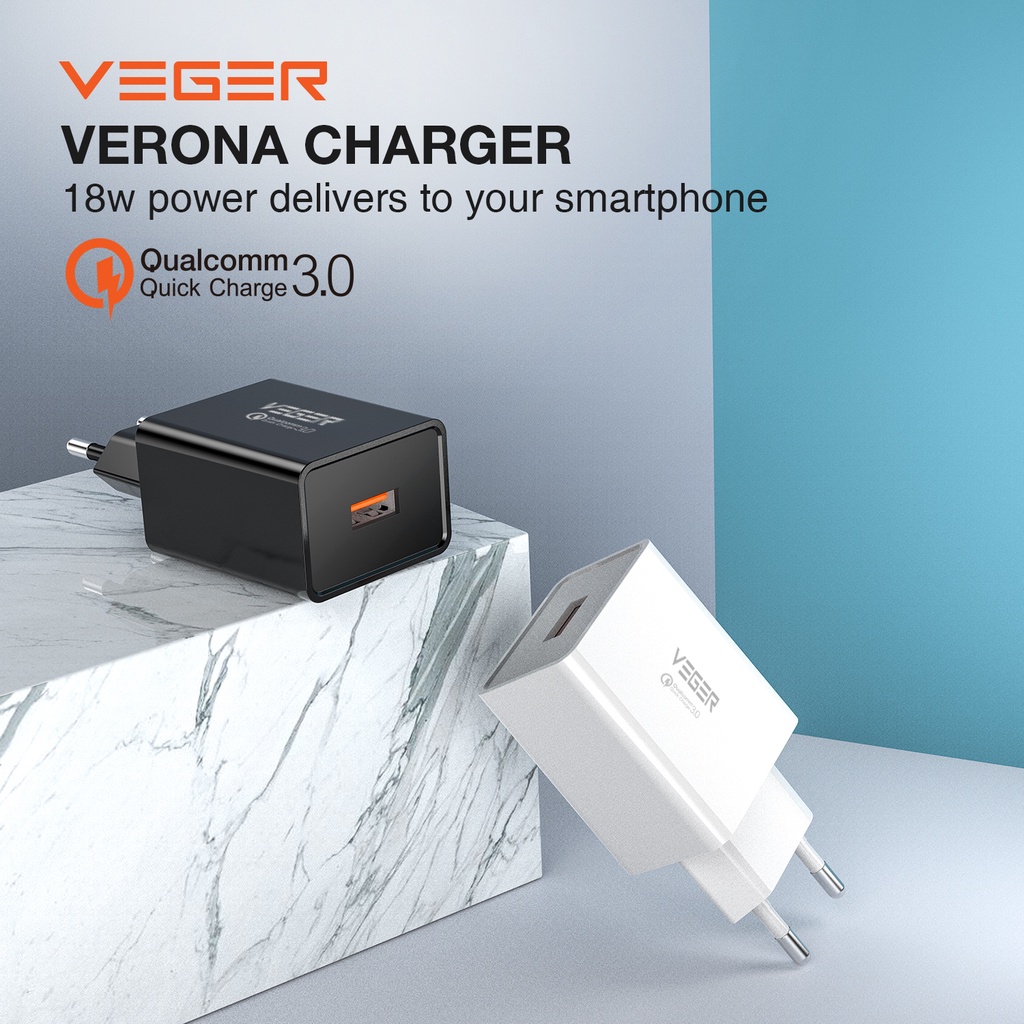 Travel Wall Charger Veger Verona 1 Port USB Output QC 3.0 Quick Charge Fast Charging