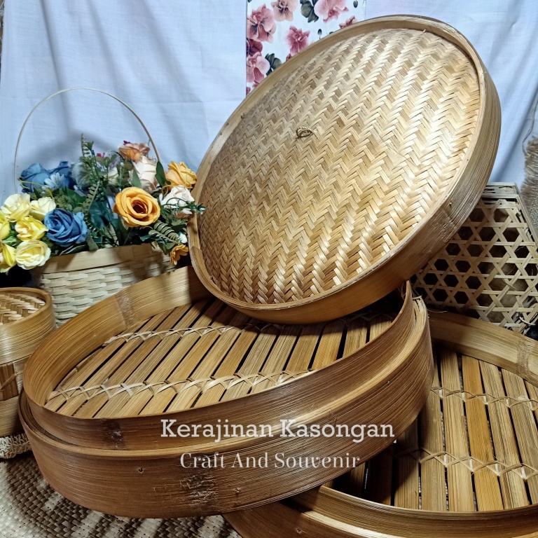 (B251 C) Klakat Bambu Bulat 40cm 2 Wadah 1 Tutup/Hampers/Kado/Wadah Parcel/siomay/kukusan dimsum/gyo
