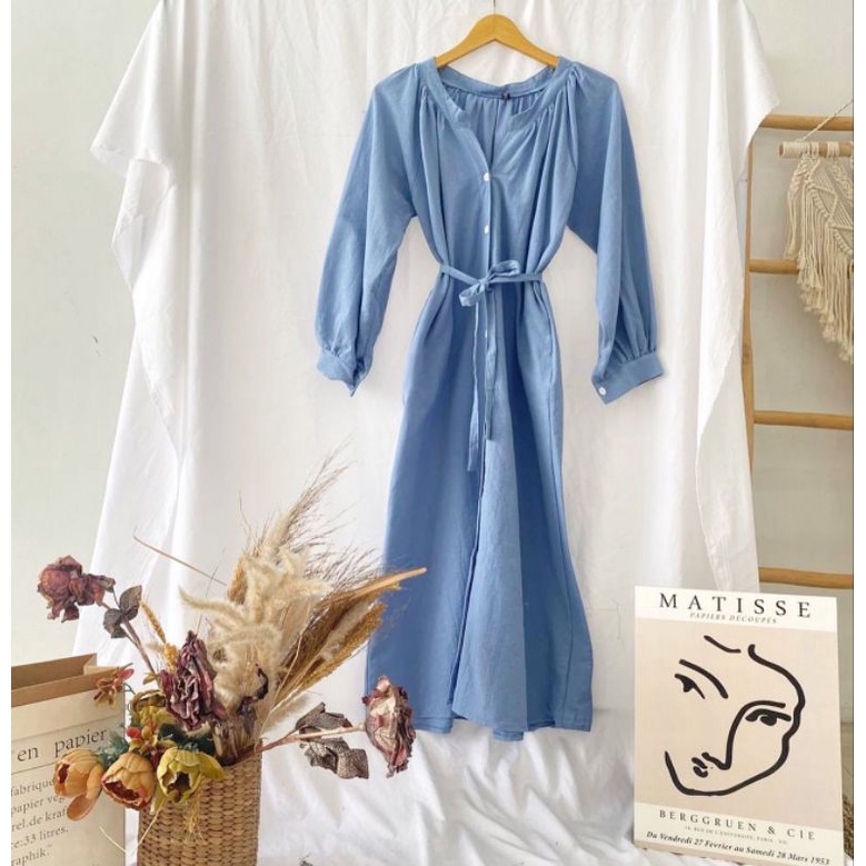 Sydney Dress Pakaian Wanita Korean Style Midi Dress Linen Rami Angel