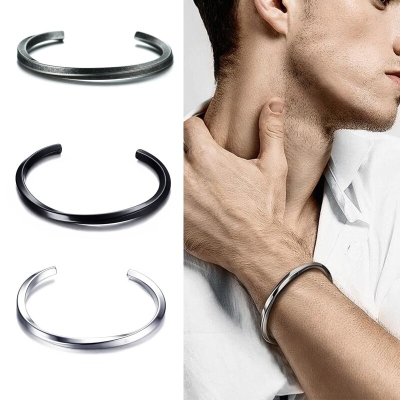 Gelang Bangle Ukir Tipe C Bahan Stainless Steel Warna Silver Gaya Antik Untuk Unisex