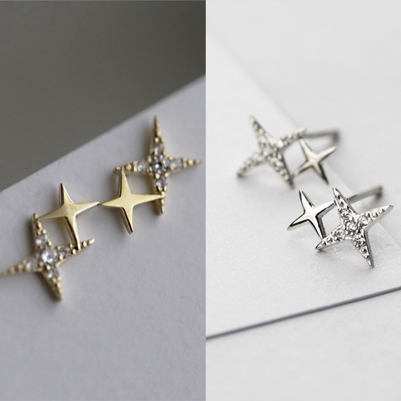 Anting Tusuk Sterling Silver 925 Lapis Emas 14K Desain Bintang Hias Kristal Untuk Wanita