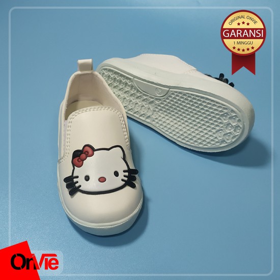 Sepatu Slip On Anak Perempuan Hitam Putih Pink Motif Kitty Karet 3D | Sepatu Anak Sekolah Onvie