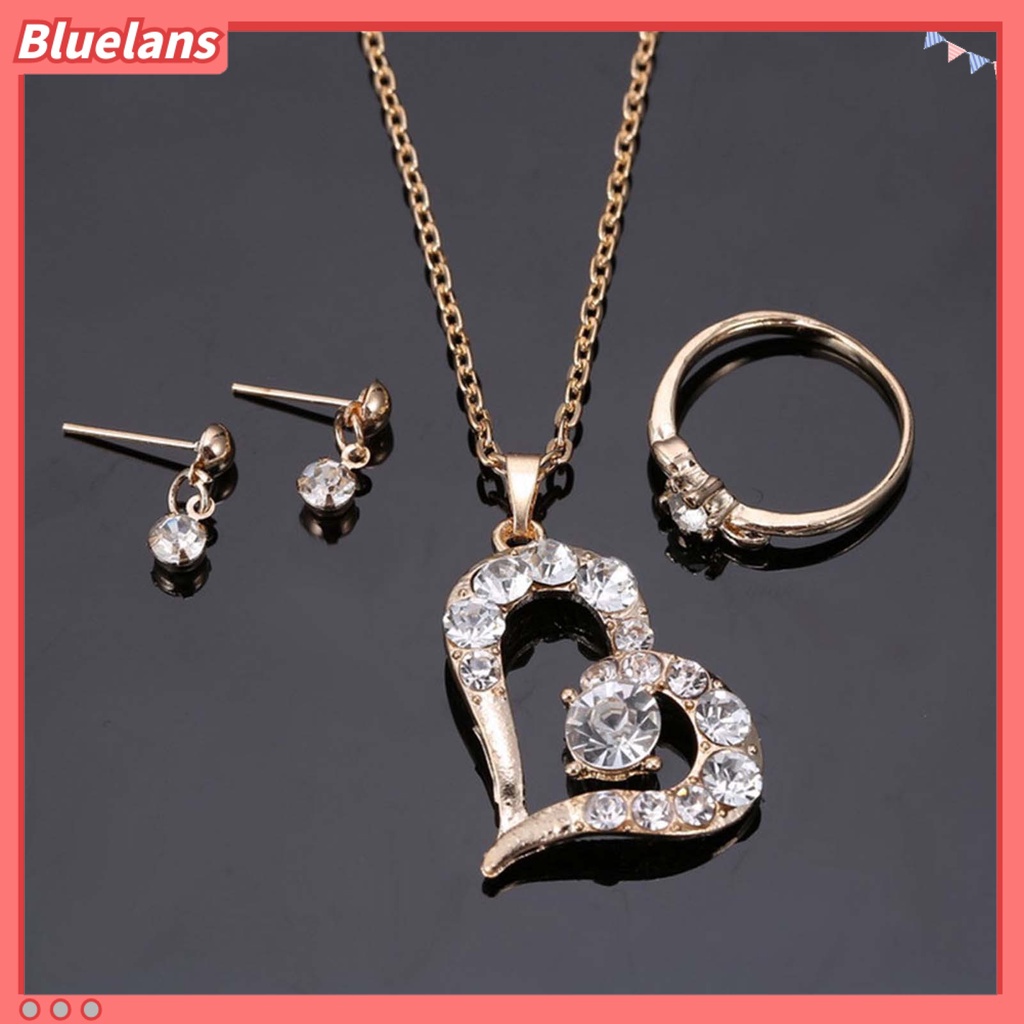 Bluelans Luxury Love Heart Pendant Rhinestone Necklace Ring Earrings Women Jewelry Set