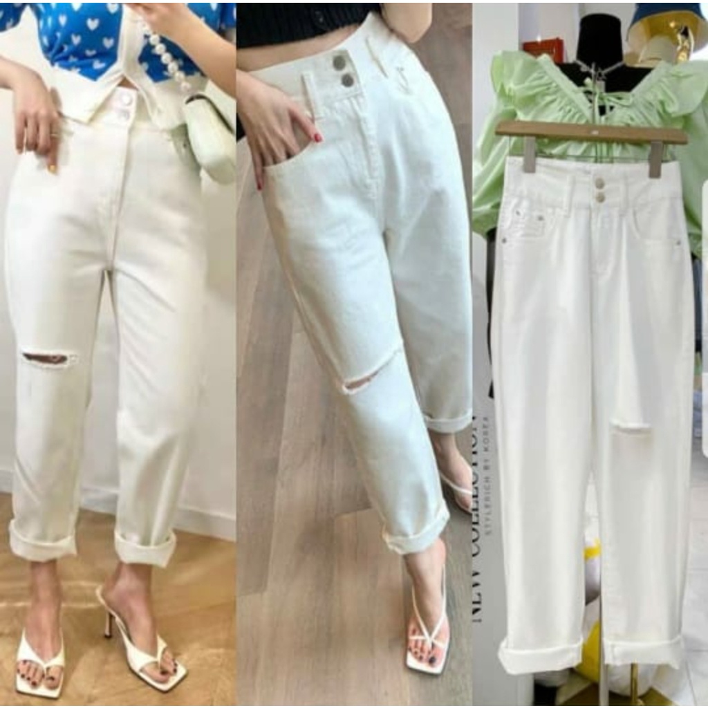 HOPYLOVY Celana Boyfriend Jeans Wanita Sobek Lutut Warna Putih Cecilia