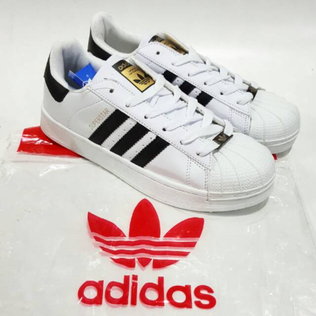 Sepatu Kets Adidas Superstar White Strip Black Putih Strip Hitam