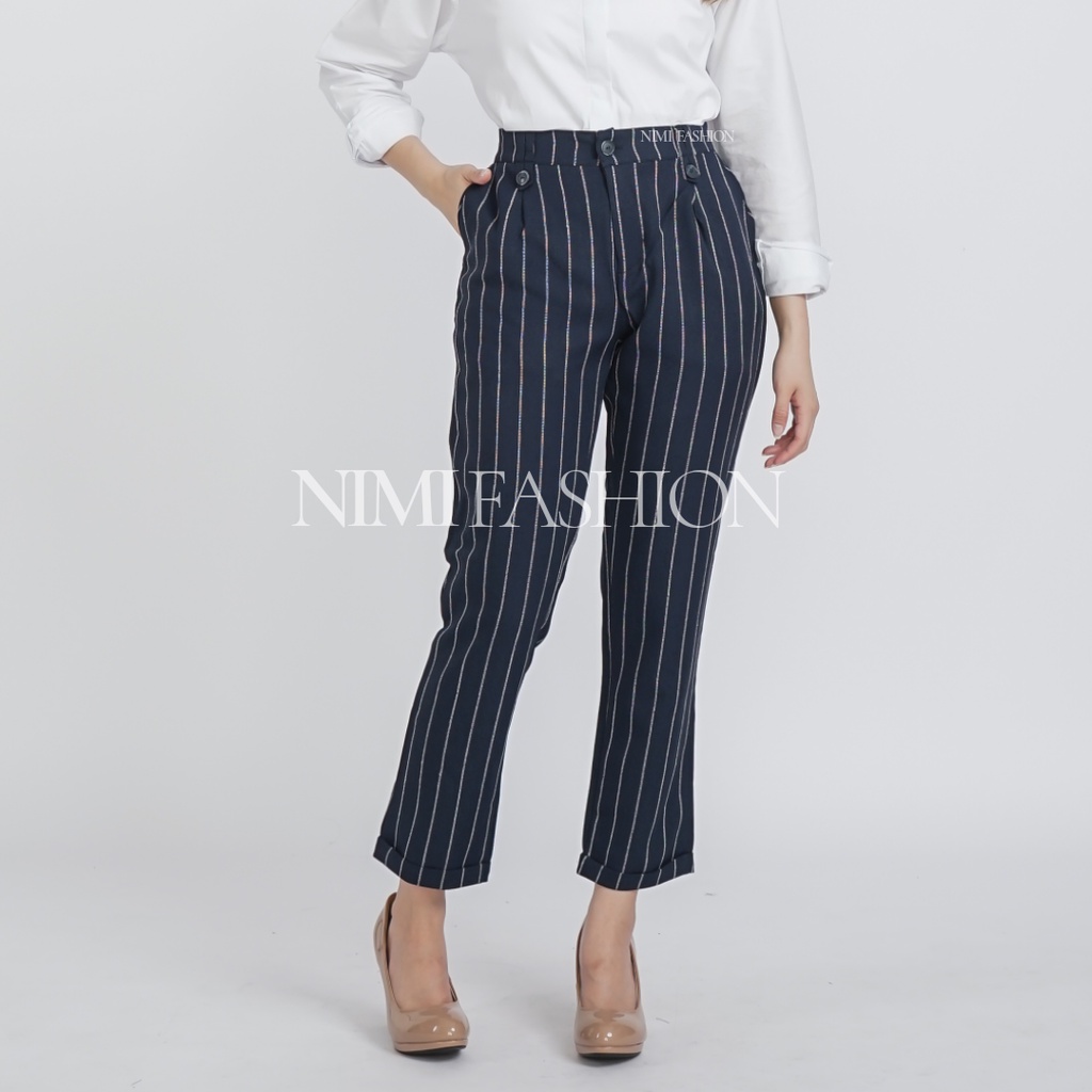 NIMI - Celana Salur Wanita Celana Baggy Motif Garis Celana Bahan Kerja Wanita Pinggang Karet