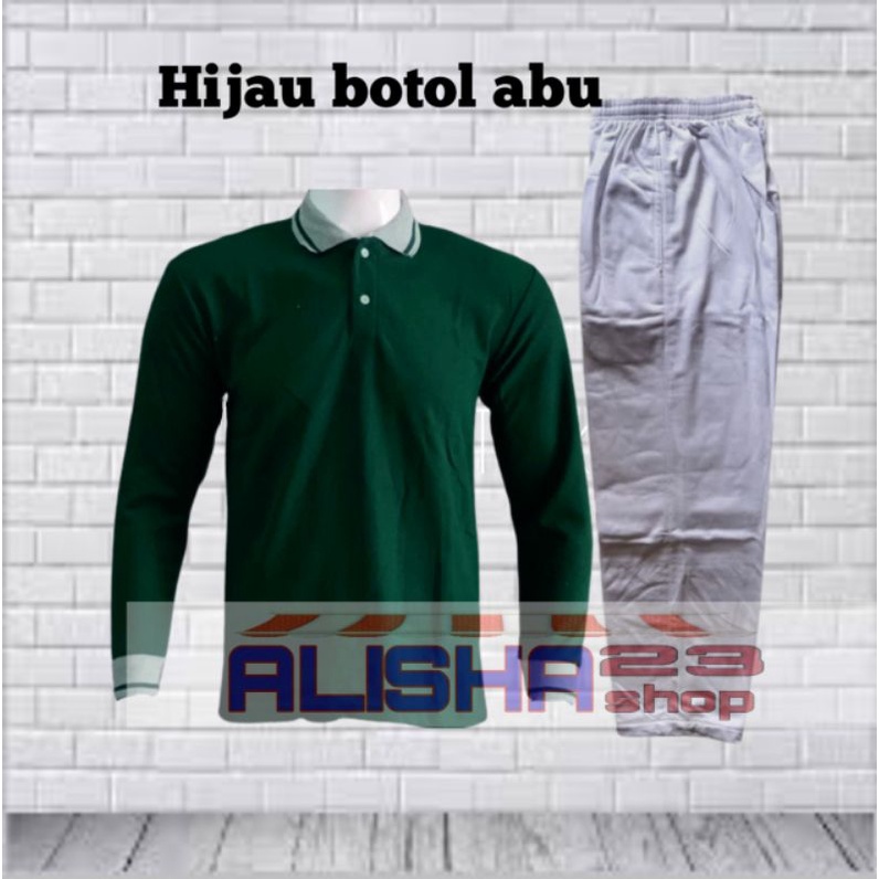 Setelan Kaos Berkerah Lengan Panjang Hijau botol Abu/Stelan training abu polos kaos kerah lengan pan