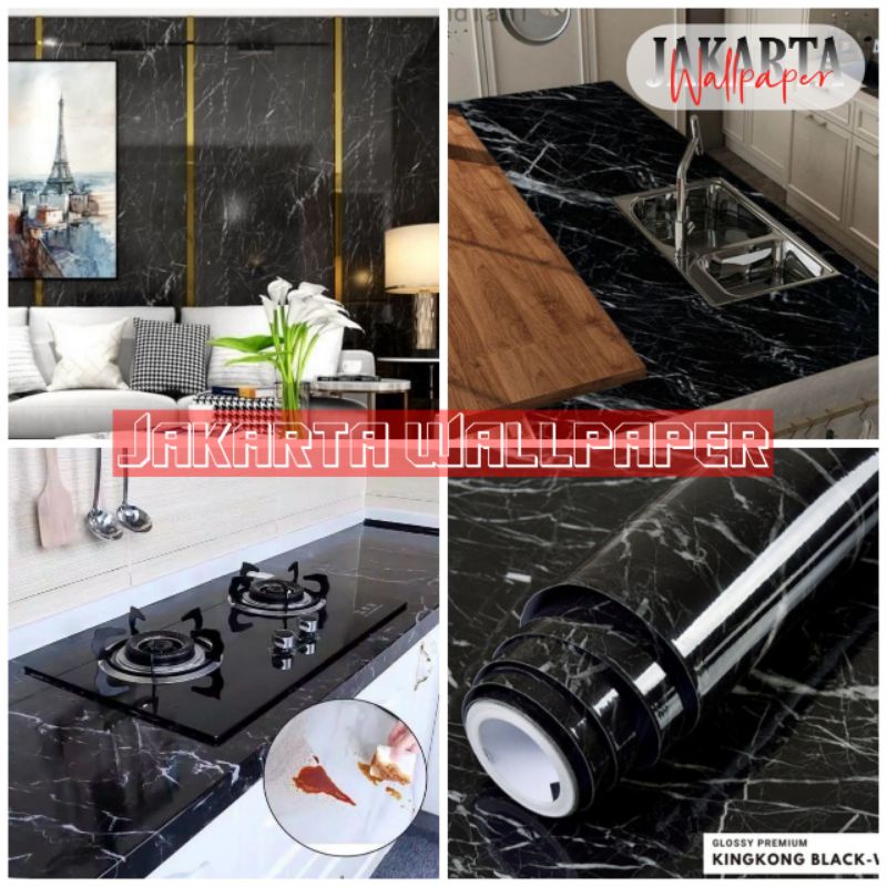 Wallpaper dapur anti minyak dan panas motif marmer glossy polos dan stiker serat kayu / Walpaper / W