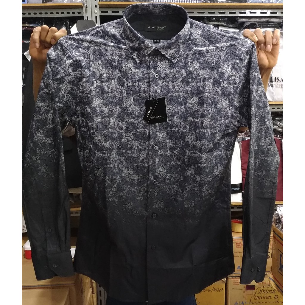 Kemeja Pria Printing Alisan Panjang Slimfit Semi Batik Merah Abu Arsir - Maroon, S