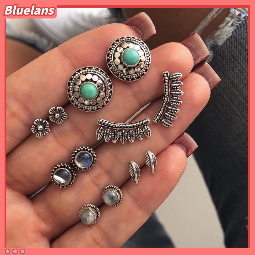 6 Pasang / Set Anting Stud Bentuk Bunga Bulu Bulat Gaya Retro Boho Untuk Wanita