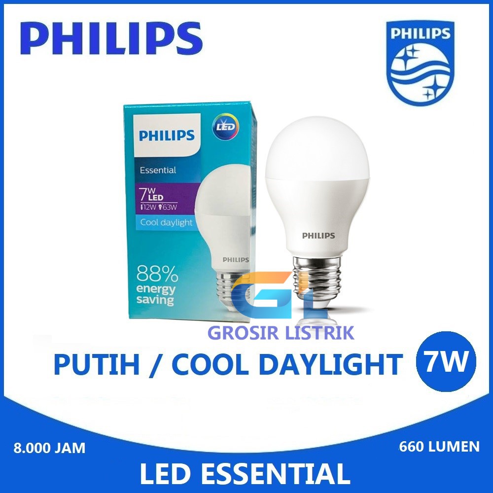 Lampu Philips LED Essential 7W Putih Cool Daylight 6500K (7 Watt 7 W 7Watt) Original Grosir Promo