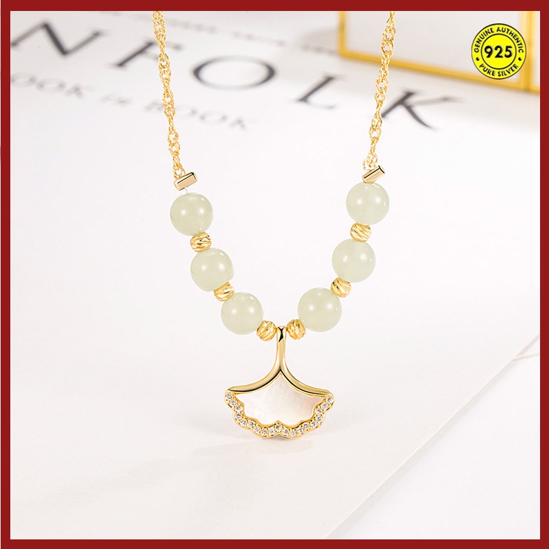 Kalung Rantai Sterling Silver 925 Dengan Liontin Daun Ginkgo Jasper Putih Untuk Wanita