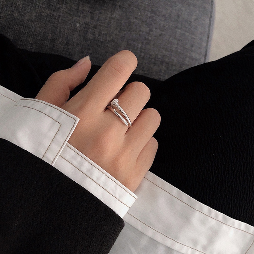 Silver-Plated Fashion Simple Open Nail Ring/European And American Personality Glossy Ring Ring Tide/Ins Niche Design Index Finger Ring/Creative Silver Jewelry Couple Ring