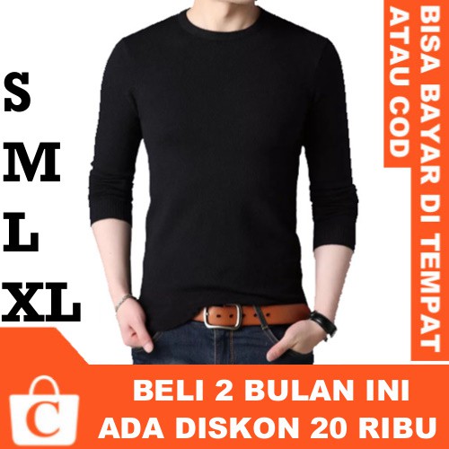 [ BISA COD ] S M L XL Kaos Leher V Neck Pria Korea Lengan Panjang Polos Dada Garis HITAM MERAH HIJAU