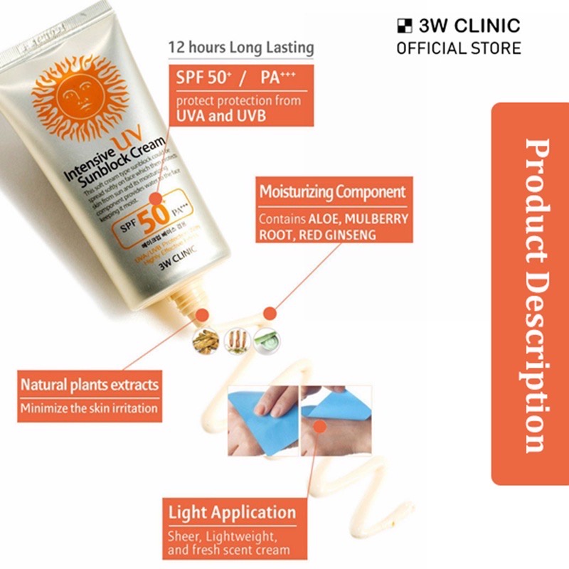 3W Clinic Sunscreen Intensive UV Sunblock Cream Sunscreen Korea Sun Block Collagen Vita Moist SPF 50+ PA+++ 70ml