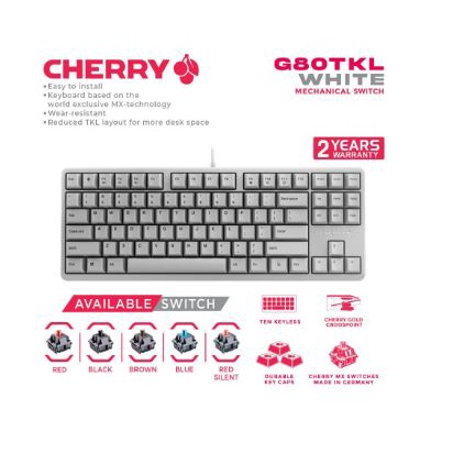 Keyboard gaming mechanical mx cherry wired usb 2.0 tkl 88 keys white g80-3000s 3000 s nbl