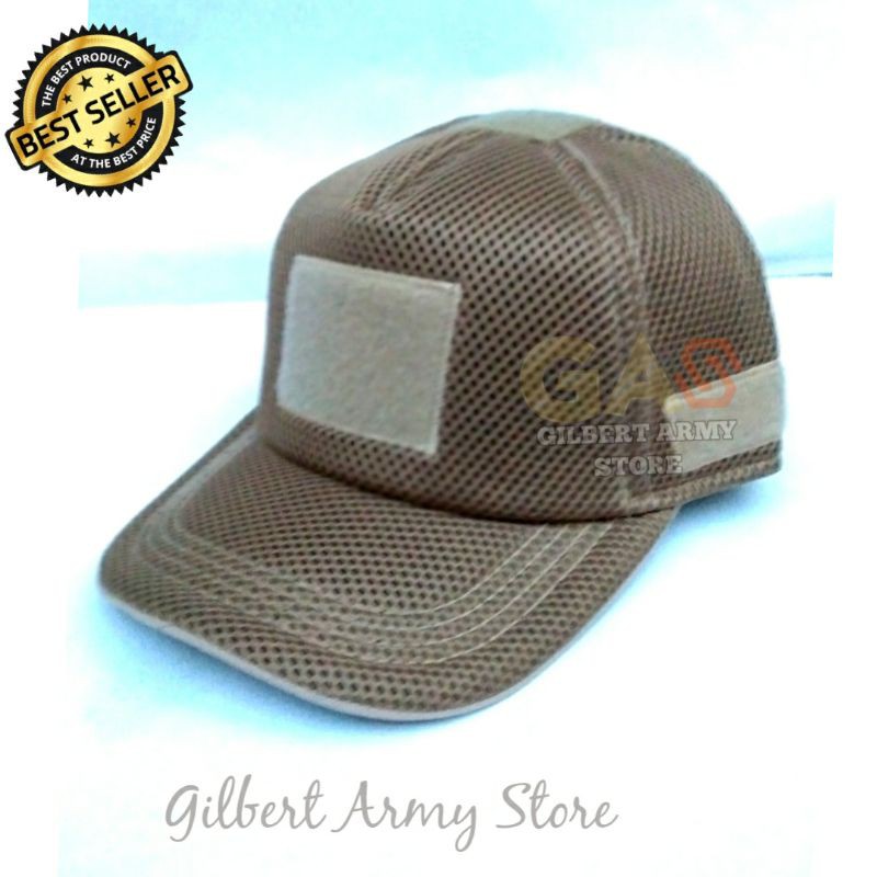 Topi Velcro Jaring Tan Gurun Crem-Topi Perekat Army Murah-Gilbert Army Store-Grosir Topi Tni Murah