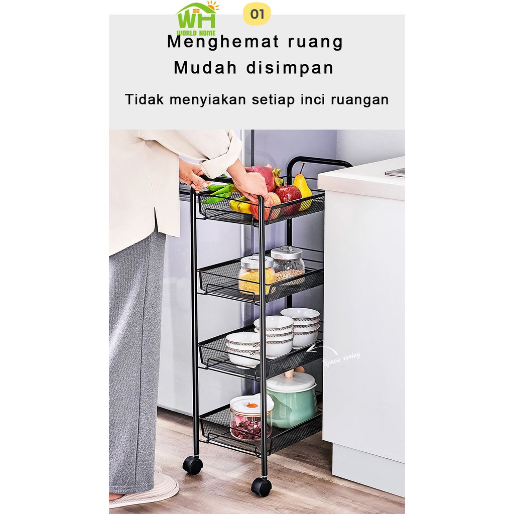 Rak Lantai Beroda 4 Susun Rak Penyimpanan SerbaGuna Rak Dapur Troli penyimpanan 4 Tingkat SNC-2 Worldhome66