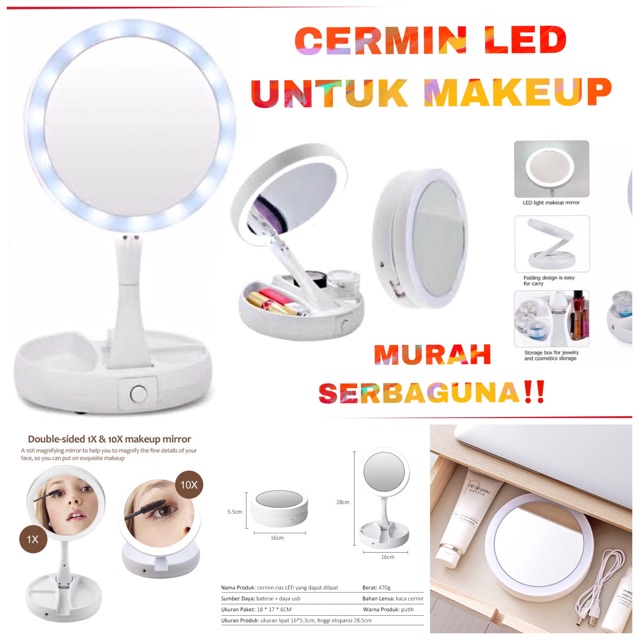  Cermin Lampu LED  Foldable Kaca Mirror Makeup Shopee 