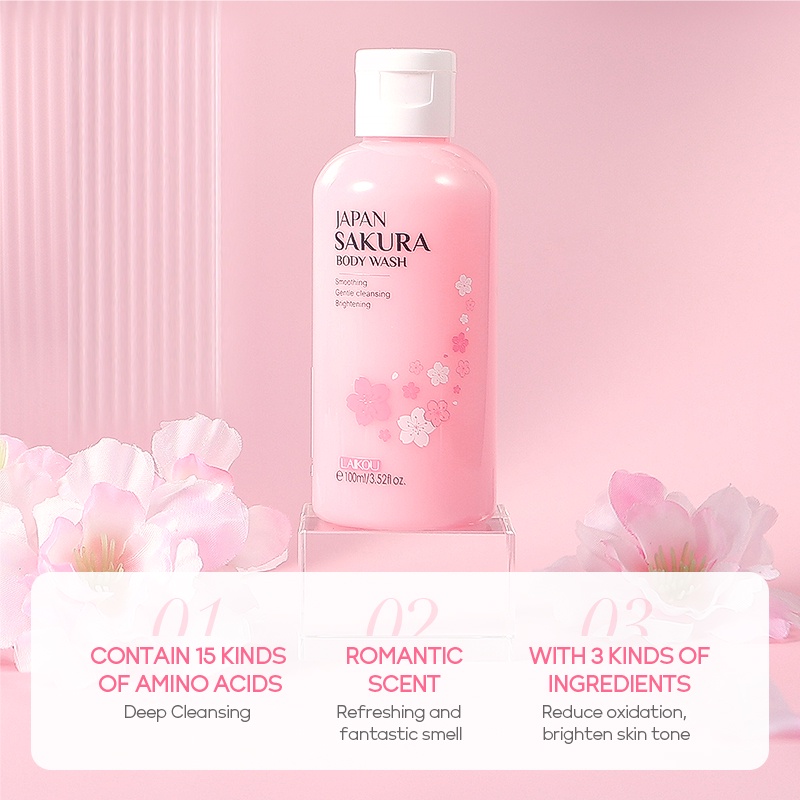 LAIKOU Japan Sakura Sabun Mandi Cair Membersihkan Mendalam Mencerahkan Kulit 100ml