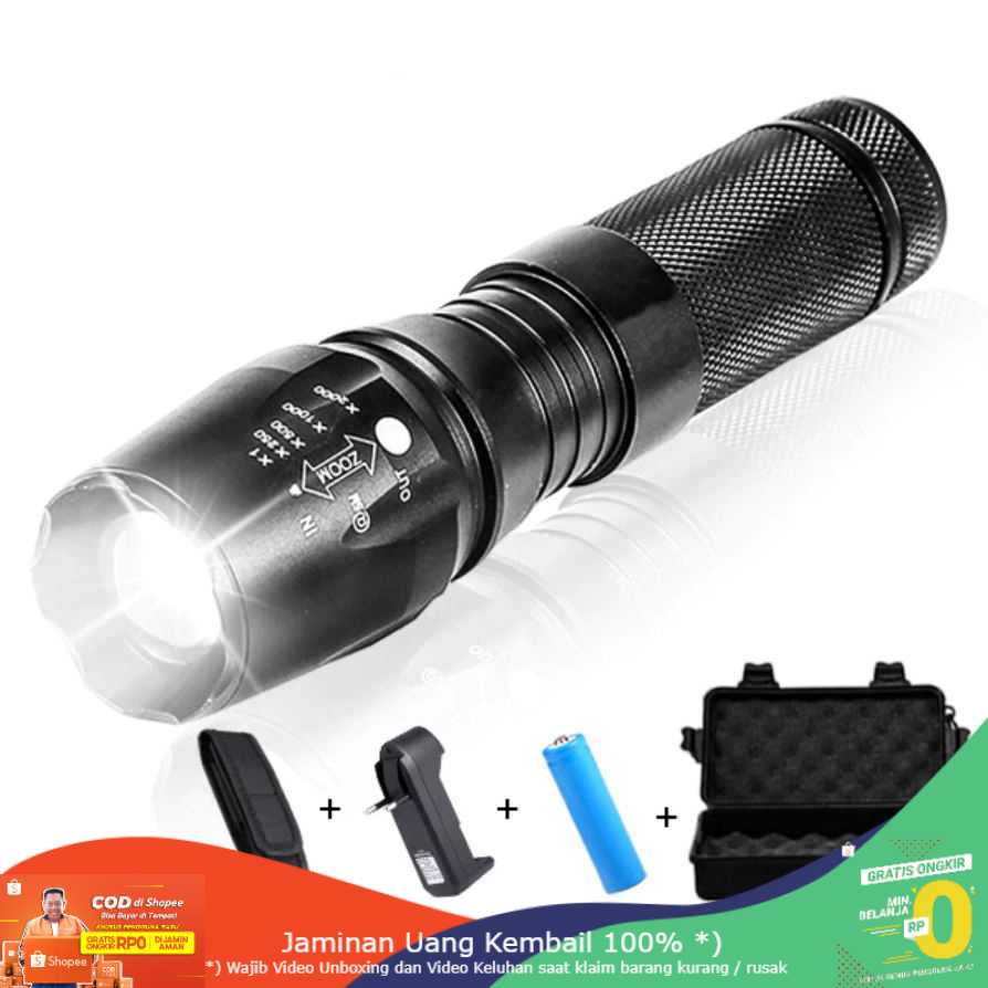 (BISA COD) RVOSTR LED Senter Tactical XML-T6 3000 Lm+Baterai+Charger+Box-E97