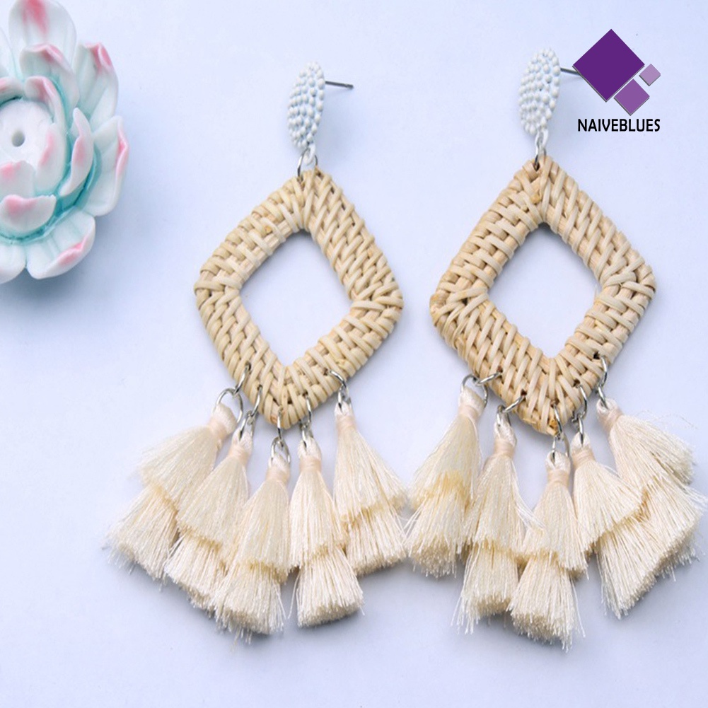 Anting Stud Juntai Bentuk Belah Ketupat Hollow Bahan Rotan Gaya Boho Untuk Wanita