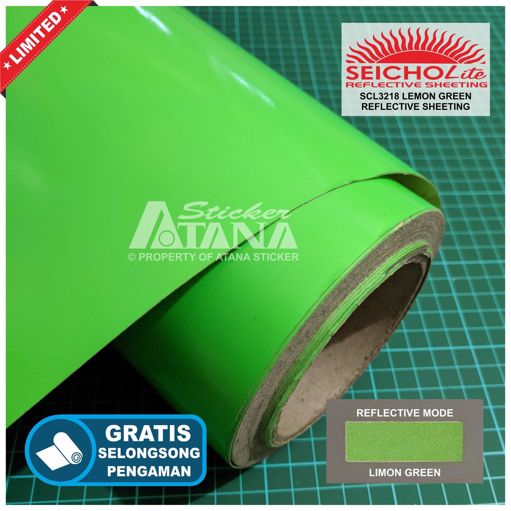 Bahan Stiker Cutting Hijau Skotlet Reflektif Fosfor Green Seicholite Reflective Sheeting Nyala Printing Sticker Material Scotchlite Scolite Scotlet Sechotlite Memantulkan Cahaya Flash Malam Hari Mata Kucing Mesin Plotter