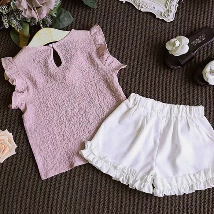 TBI 2pcs Fashion Import Setelan Blouse Sifon Anak Celana + Atasan Chiffon