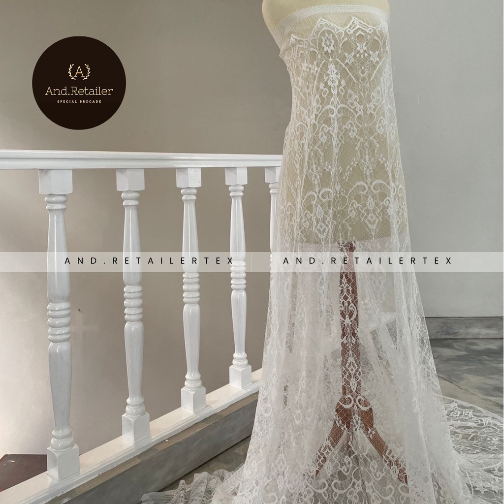 Bahan Kebaya Brokat Semi France Lace Chantily Shantily Katun Per panel 2,5m Warna White Putih