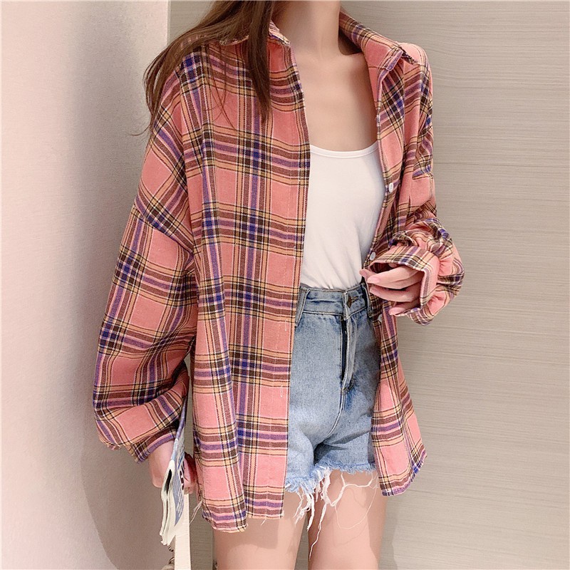 kemeja wanita Korea plaid shirt oversize retro panjang lengan semua pertandingan-539merah