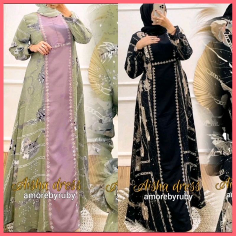 (COD) BAJU PAKAIAN FASHION WANITA CEWE DRESS GAMIS ABAYA HITAM SWAROVSKI AISHA DRESS AMORE BY RUBY T