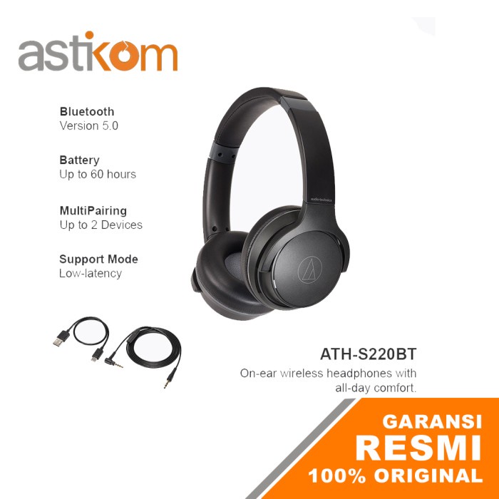 Headset Bluetooth ATH-S220BT On-Ear Wireless Headphones - Black