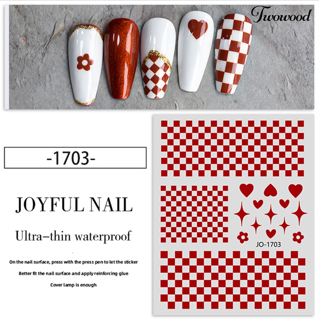 Twowood Stiker Kuku Motif Kotak-Kotak Untuk Nail Art