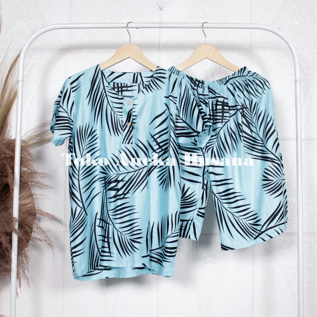 Setelan Baju Tidur Piyama Pendek Rayon 3/4 Motif Daun