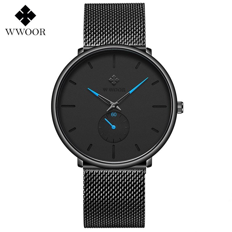 Jam Tangan Tipis Pria Elegan WWOOR 8855 Dark Black Blue Original