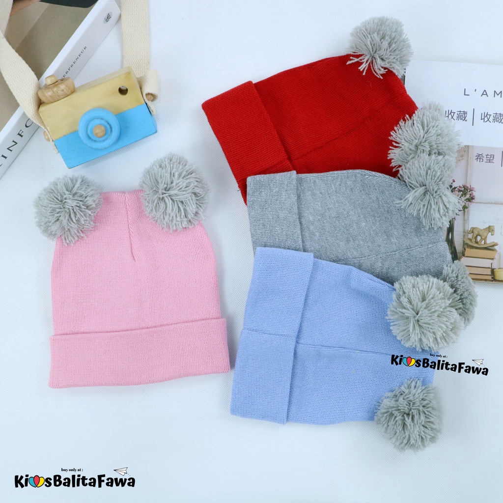 Kupluk Bayi Pom Pom Rajut /  Topi Baby Laki Laki Hair Murah Wool Polos Aksesoris Anak